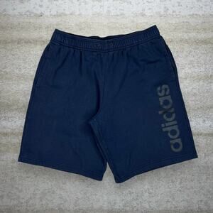 Adidas Sweat Shorts Mens L Navy Blue Cotton Black Spellout Logo 10" Inseam